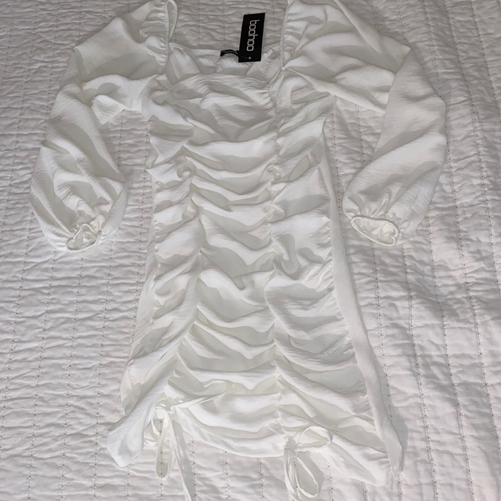 Boohoo White Ruched Dress NWT